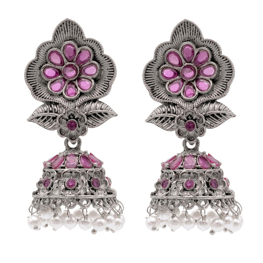 Shining Jewel Traditional Indian Matte Silver Oxidised CZ, Crystal Studded Flower Jhumka Earring For Women - Silver Maroon (SJE_171_S_M)