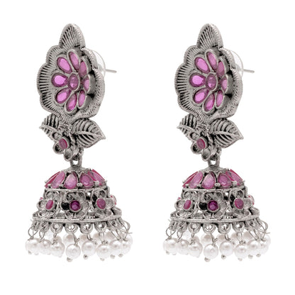 Shining Jewel Traditional Indian Matte Silver Oxidised CZ, Crystal Studded Flower Jhumka Earring For Women - Silver Maroon (SJE_171_S_M)