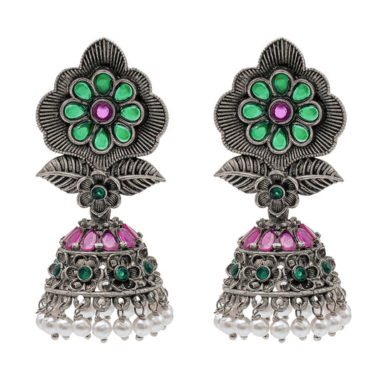 Shining Jewel Traditional Indian Matte Silver Oxidised CZ, Crystal Studded Flower Jhumka Earring For Women - Silver Ruby Greeen (SJE_171_S_R_G)