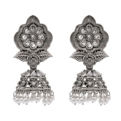 Shining Jewel Traditional Indian Matte Silver Oxidised CZ, Crystal Studded Flower Jhumka Earring For Women - Silver White (SJE_171_S_W)