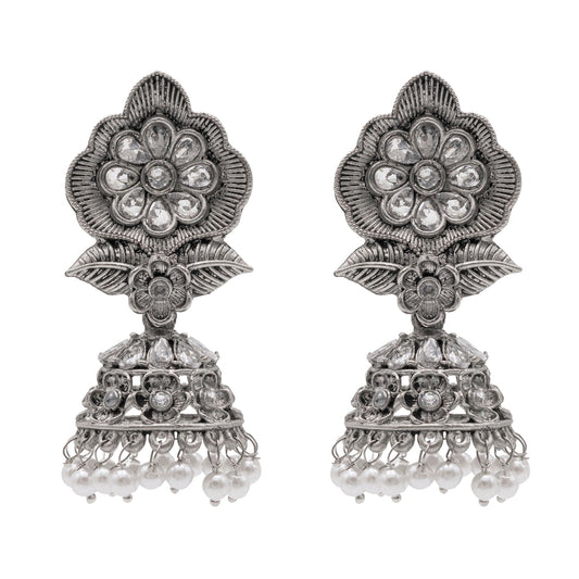 Shining Jewel Traditional Indian Matte Silver Oxidised CZ, Crystal Studded Flower Jhumka Earring For Women - Silver White (SJE_171_S_W)