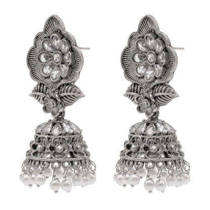 Shining Jewel Traditional Indian Matte Silver Oxidised CZ, Crystal Studded Flower Jhumka Earring For Women - Silver White (SJE_171_S_W)