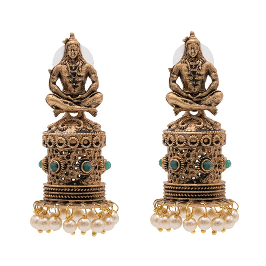 Shining Jewel Traditional Indian Matte Gold Oxitised CZ, Crystal Studded Temple Jhumka Earring For Women - Gold Green (SJE_172_G_G)