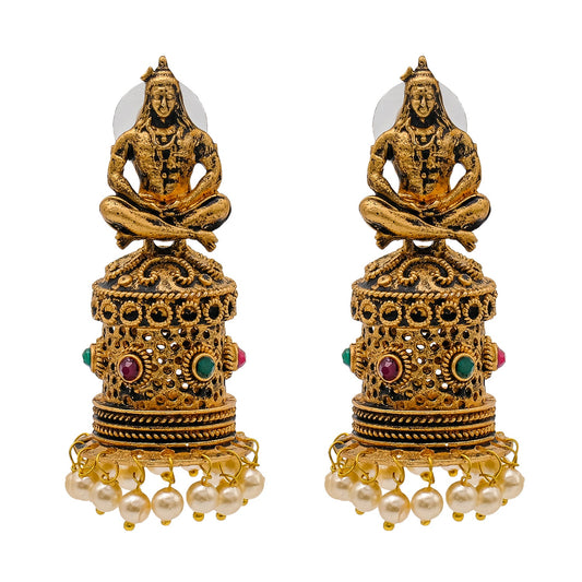 Shining Jewel Traditional Indian Matte Gold Oxitised CZ, Crystal Studded Temple Jhumka Earring For Women - Gold Ruby Green (SJE_172_G_R_G)