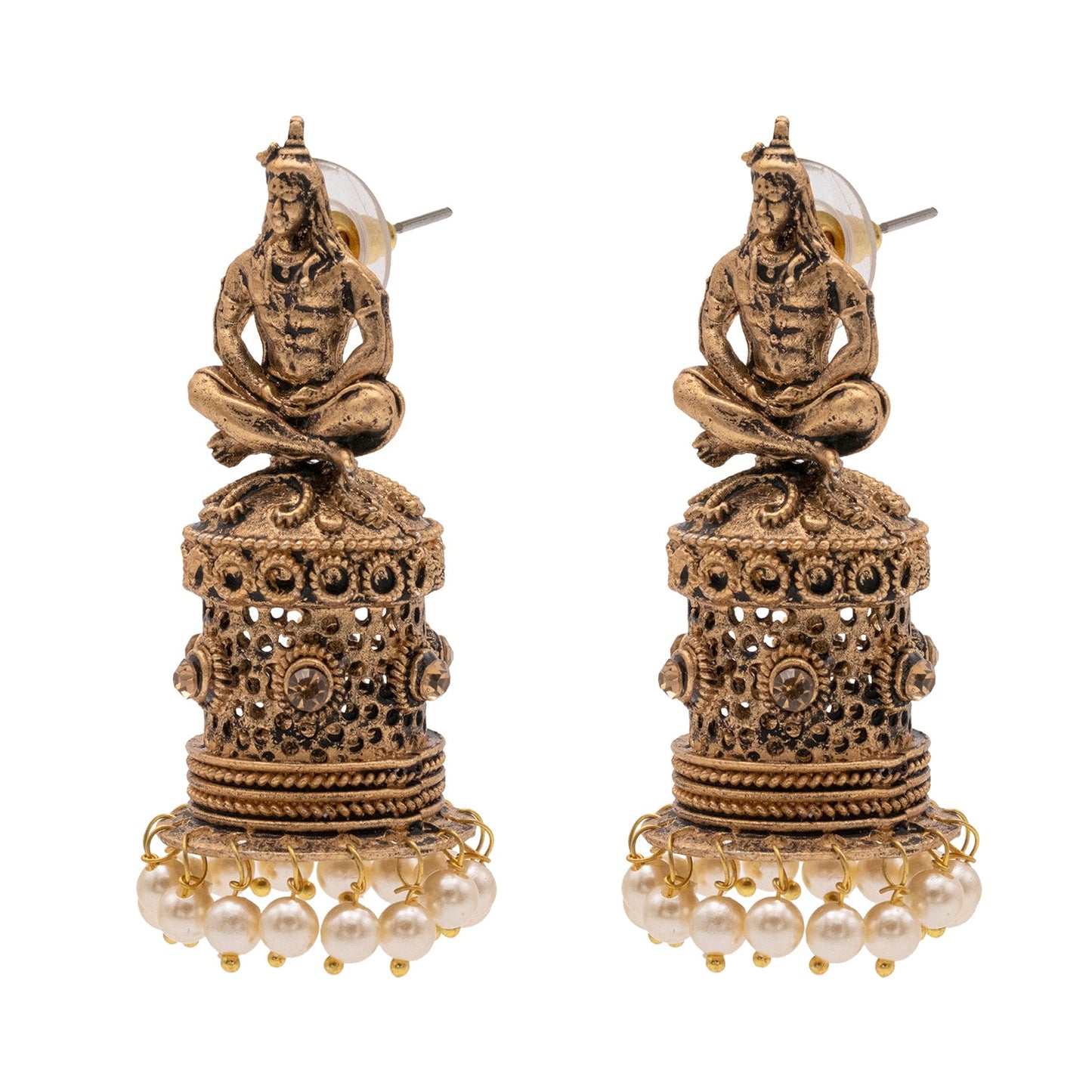 Shining Jewel Traditional Indian Matte Gold Oxitised CZ, Crystal Studded Temple Jhumka Earring For Women - Gold White (SJE_172_G_W)