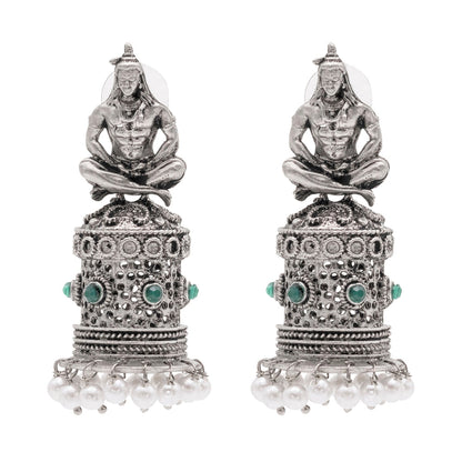 Shining Jewel Traditional Indian Matte Silver Oxidised CZ, Crystal Studded Temple Jhumka Earring For Women - Silver Green (SJE_172_S_G)