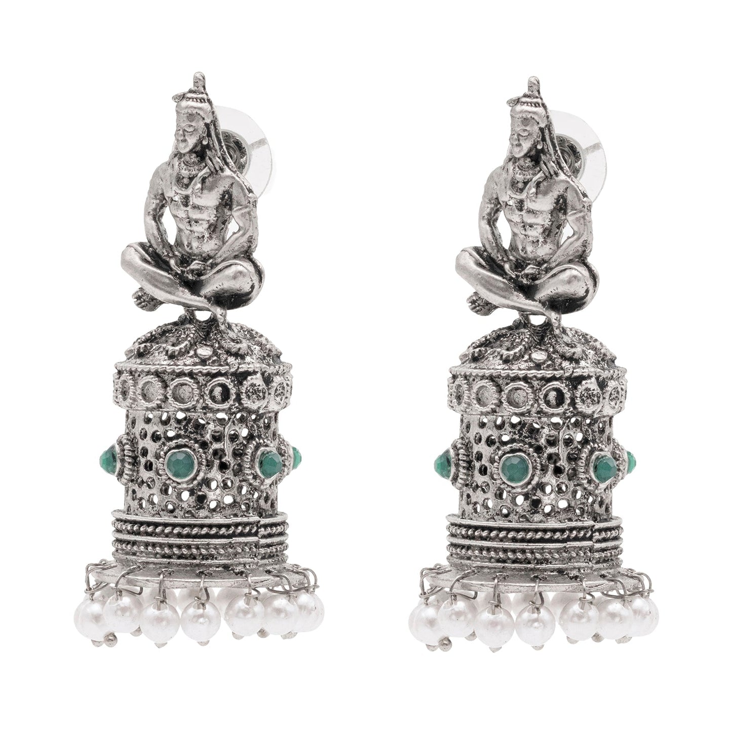 Shining Jewel Traditional Indian Matte Silver Oxidised CZ, Crystal Studded Temple Jhumka Earring For Women - Silver Green (SJE_172_S_G)