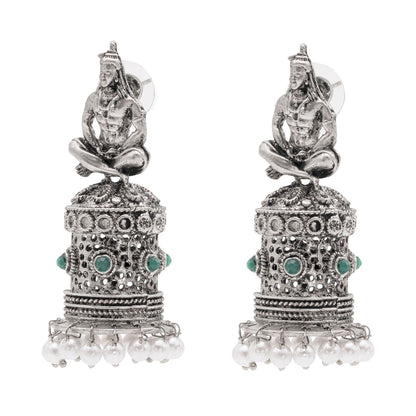 Shining Jewel Traditional Indian Matte Silver Oxidised CZ, Crystal Studded Temple Jhumka Earring For Women - Silver Green (SJE_172_S_G)