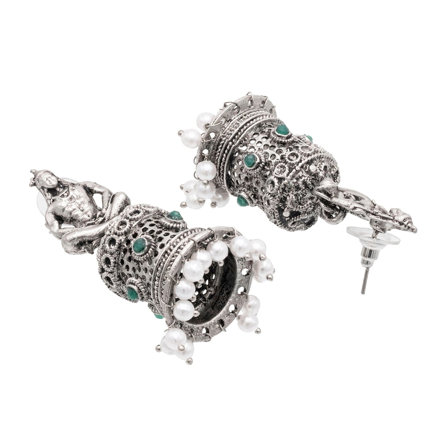 Shining Jewel Traditional Indian Matte Silver Oxidised CZ, Crystal Studded Temple Jhumka Earring For Women - Silver Green (SJE_172_S_G)