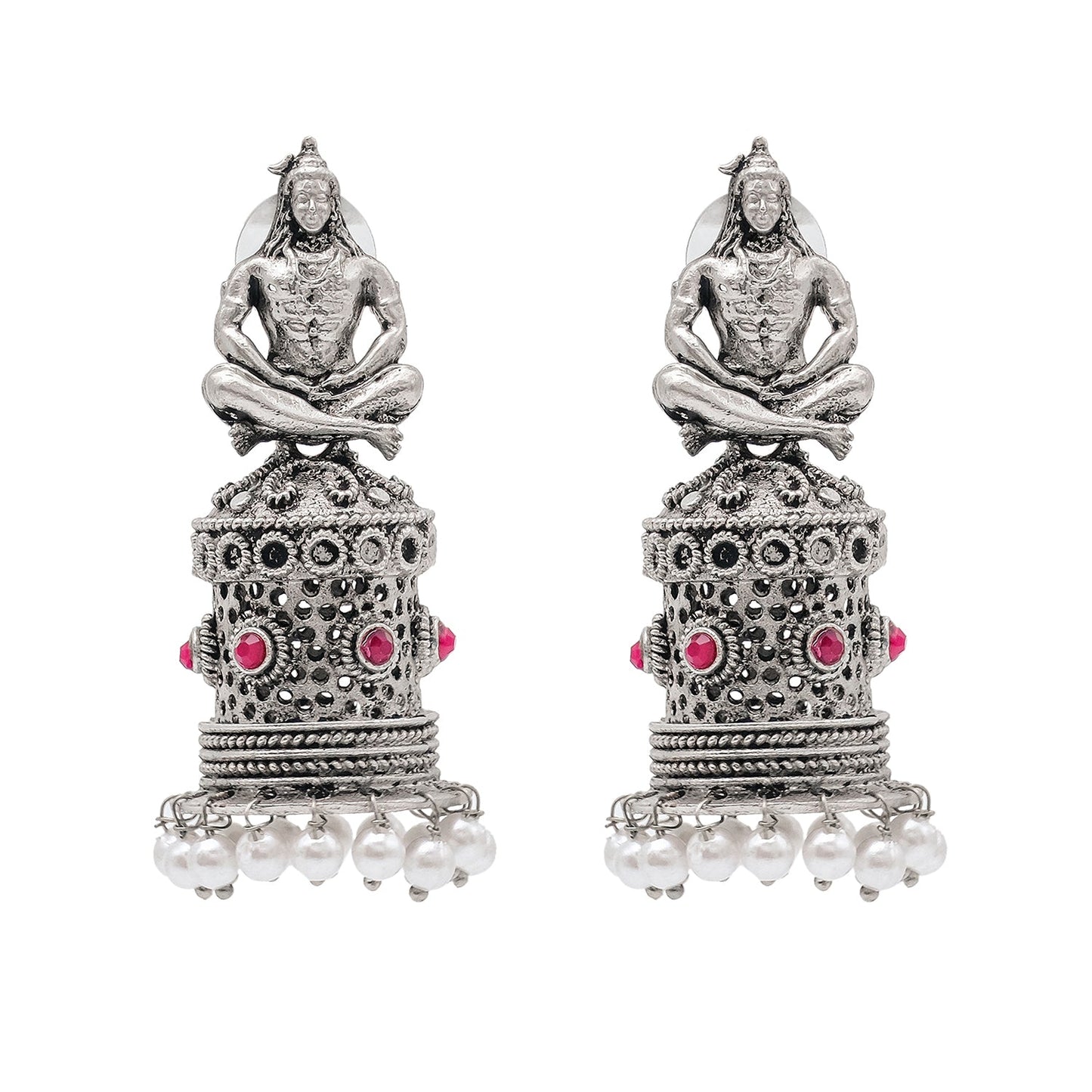 Shining Jewel Traditional Indian Matte Silver Oxidised CZ, Crystal Studded Temple Jhumka Earring For Women - Silver Maroon (SJE_172_S_M)