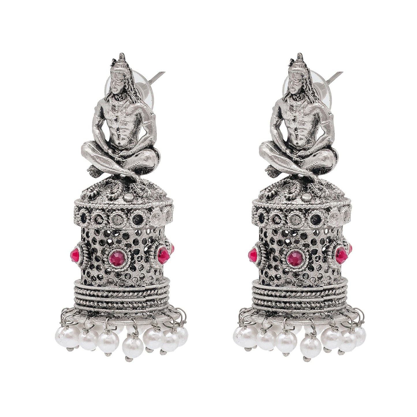 Shining Jewel Traditional Indian Matte Silver Oxidised CZ, Crystal Studded Temple Jhumka Earring For Women - Silver Maroon (SJE_172_S_M)