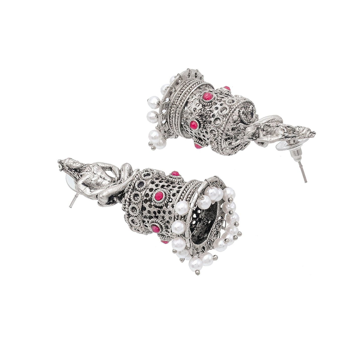 Shining Jewel Traditional Indian Matte Silver Oxidised CZ, Crystal Studded Temple Jhumka Earring For Women - Silver Maroon (SJE_172_S_M)