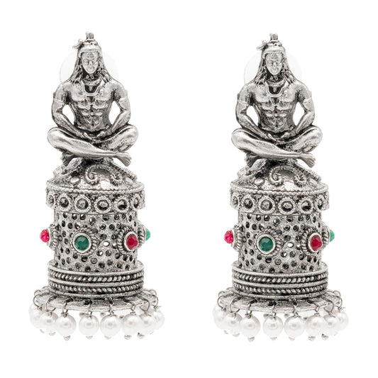 Shining Jewel Traditional Indian Matte Silver Oxidised CZ, Crystal Studded Temple Jhumka Earring For Women - Silver Ruby Green (SJE_172_S_R_G)