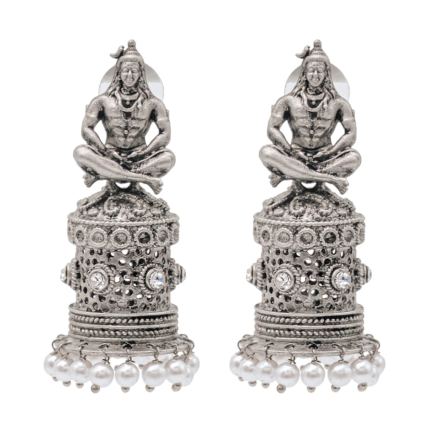 Shining Jewel Traditional Indian Matte Silver Oxidised CZ, Crystal Studded Temple Jhumka Earring For Women - Silver White (SJE_172_S_W)