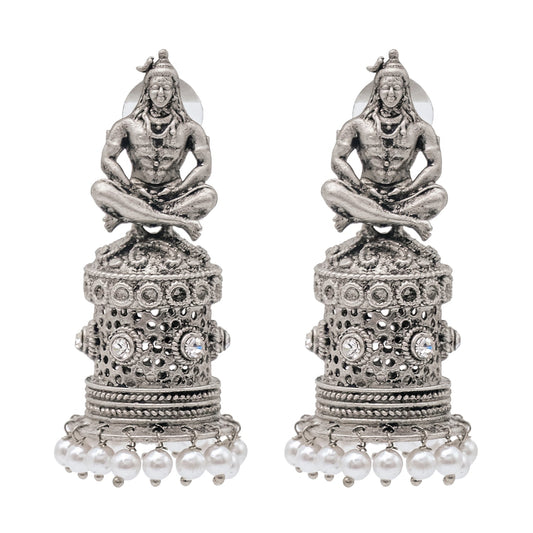 Shining Jewel Traditional Indian Matte Silver Oxidised CZ, Crystal Studded Temple Jhumka Earring For Women - Silver White (SJE_172_S_W)