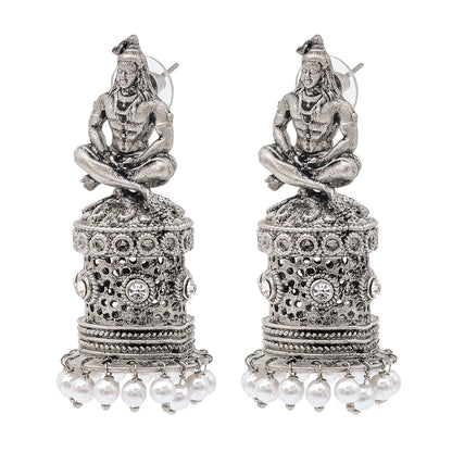 Shining Jewel Traditional Indian Matte Silver Oxidised CZ, Crystal Studded Temple Jhumka Earring For Women - Silver White (SJE_172_S_W)