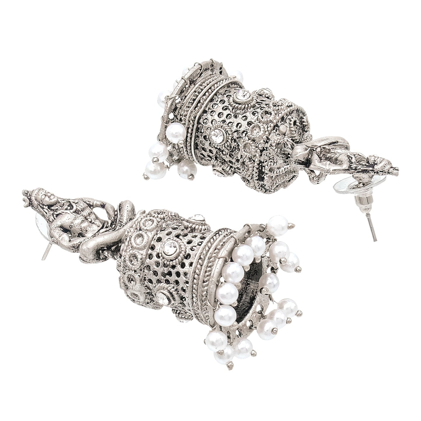 Shining Jewel Traditional Indian Matte Silver Oxidised CZ, Crystal Studded Temple Jhumka Earring For Women - Silver White (SJE_172_S_W)