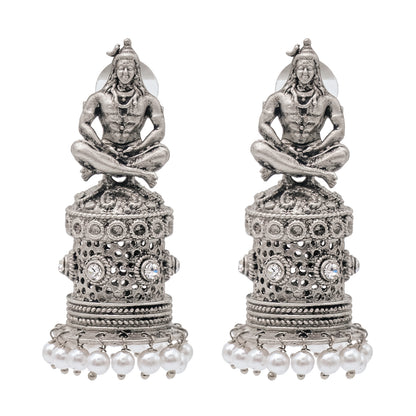 Traditional Indian Matte Silver Oxidised CZ Crystal Studded Temple Jhumka Earring For Women-Silver White (SJE_172_S_W)