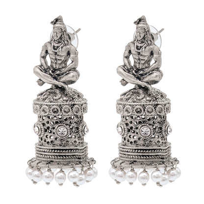 Traditional Indian Matte Silver Oxidised CZ Crystal Studded Temple Jhumka Earring For Women-Silver White (SJE_172_S_W)