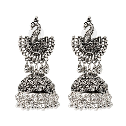 Shining Jewel Traditional Indian Antique Silver Oxidised Peacock Jhumka Earring For Women - Silver (SJE_173_S)