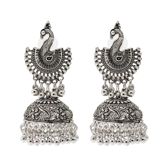 Shining Jewel Traditional Indian Antique Silver Oxidised Peacock Jhumka Earring For Women - Silver (SJE_173_S)