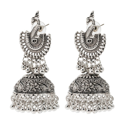 Shining Jewel Traditional Indian Antique Silver Oxidised Peacock Jhumka Earring For Women - Silver (SJE_173_S)