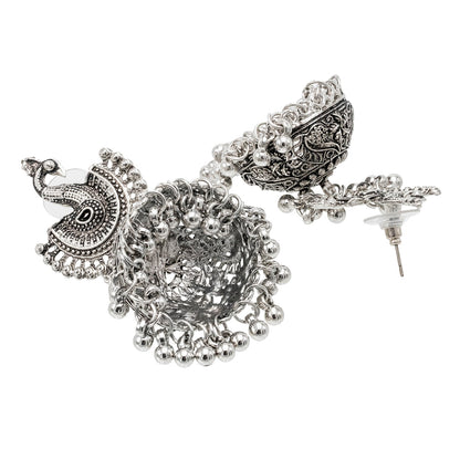 Shining Jewel Traditional Indian Antique Silver Oxidised Peacock Jhumka Earring For Women - Silver (SJE_173_S)