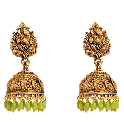 Traditional Indian Matte Gold Oxidised CZ Crystal Studded Temple Jhumka Earring For Women-Gold (SJE_174_G_W)