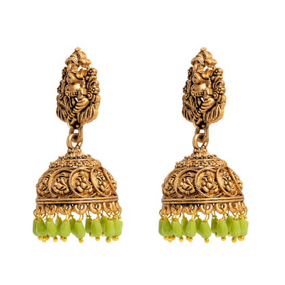 Traditional Indian Matte Gold Oxidised CZ Crystal Studded Temple Jhumka Earring For Women-Gold (SJE_174_G_W)