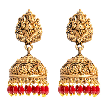 Traditional Indian Matte Gold Oxidised CZ Crystal Studded Temple Jhumka Earring For Women-Gold (SJE_174_G_W)