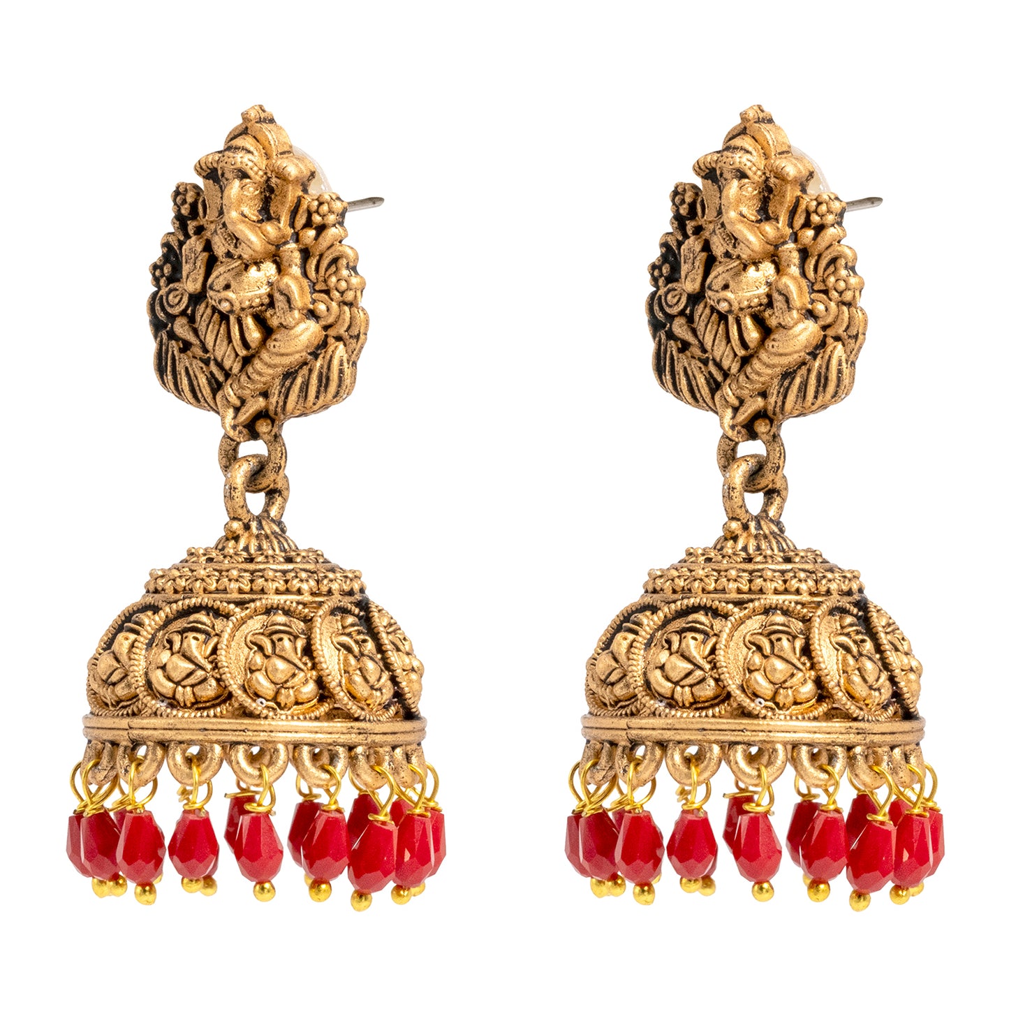 Traditional Indian Matte Gold Oxidised CZ Crystal Studded Temple Jhumka Earring For Women-Gold (SJE_174_G_W)