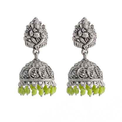 Traditional Indian Matte Silver Oxidised CZ Crystal Studded Temple Jhumka Earring For Women-Silver Maroon (SJE_174_S_M)