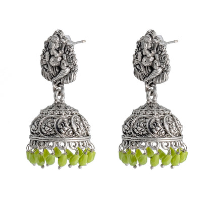 Traditional Indian Matte Silver Oxidised CZ Crystal Studded Temple Jhumka Earring For Women-Silver Maroon (SJE_174_S_M)