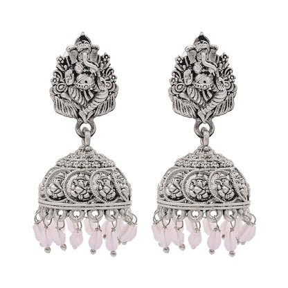 Traditional Indian Matte Silver Oxidised CZ Crystal Studded Temple Jhumka Earring For Women-Silver Maroon (SJE_174_S_M)