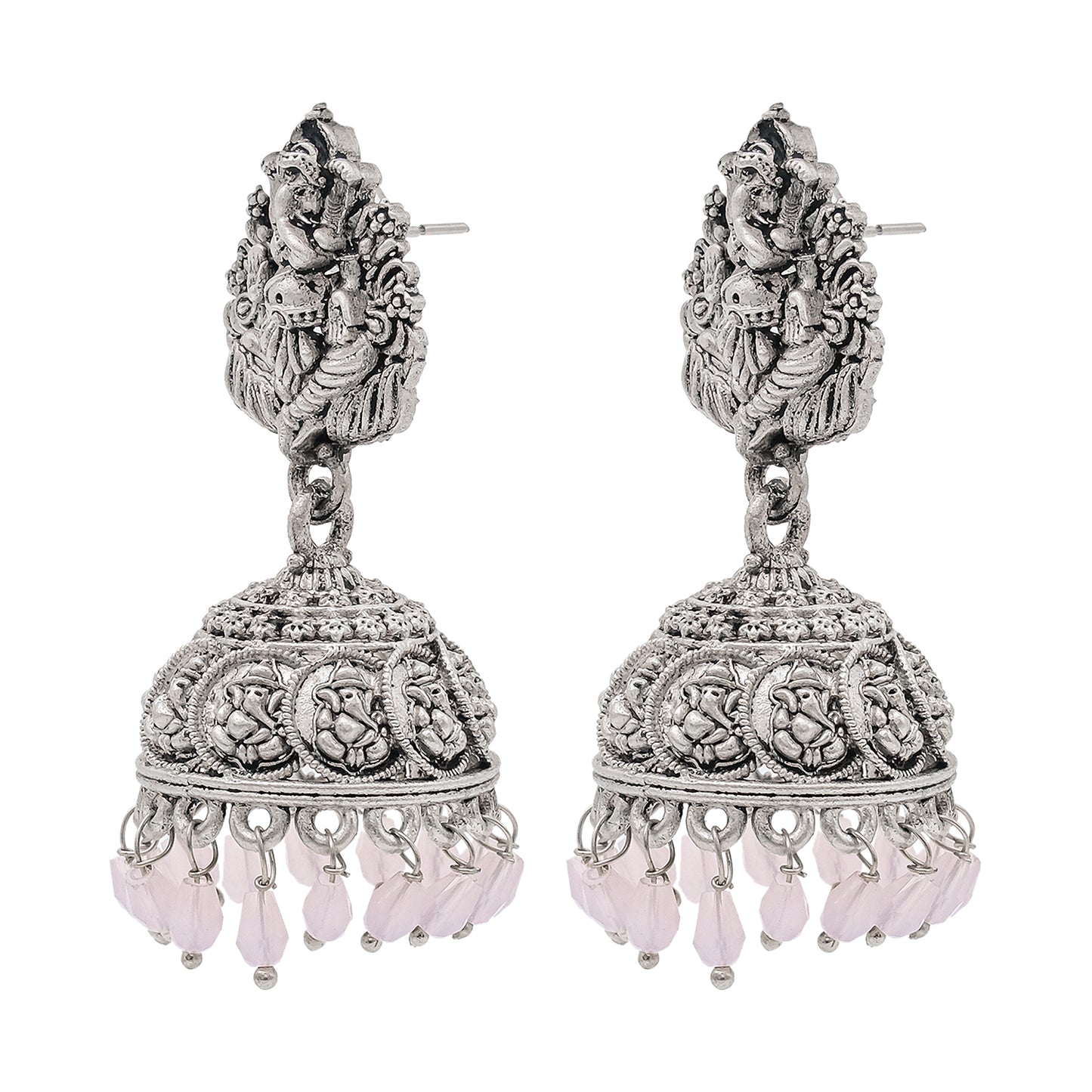 Traditional Indian Matte Silver Oxidised CZ Crystal Studded Temple Jhumka Earring For Women-Silver Maroon (SJE_174_S_M)