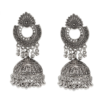 Shining Jewel Traditional Indian Antique Silver Oxidised Chand Bali Jhumka Earring For Women - Silver (SJE_175)