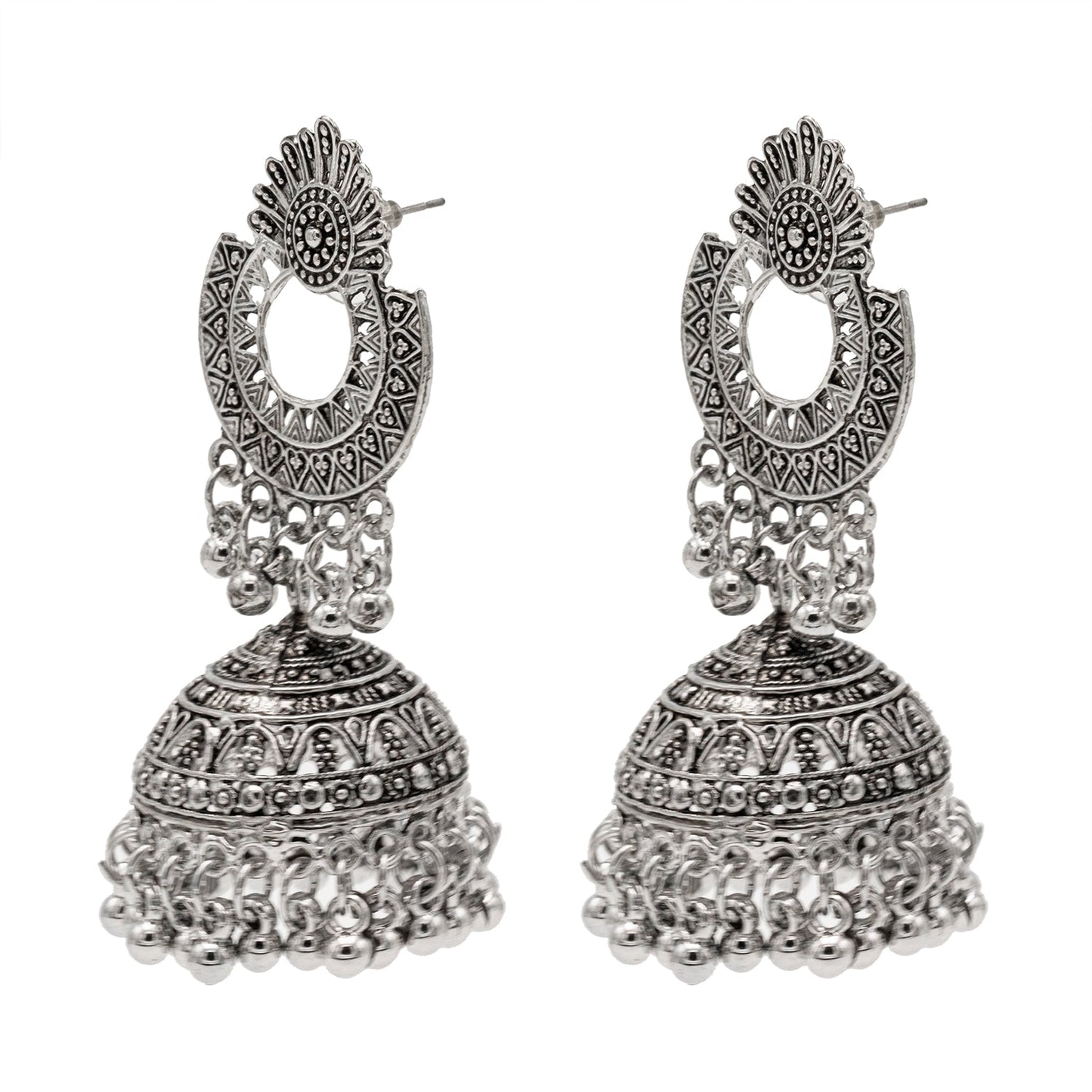 Shining Jewel Traditional Indian Antique Silver Oxidised Chand Bali Jhumka Earring For Women - Silver (SJE_175)