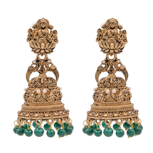 Shining Jewel Traditional Indian Matte Gold Oxidised CZ, Crystal Studded Temple Jhumka Earring For Women - Gold Green (SJE_176_G_G)