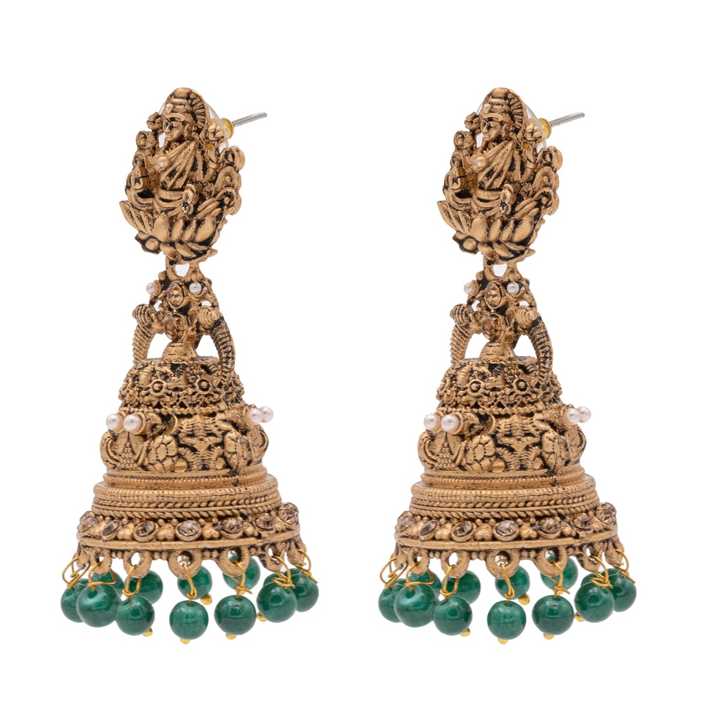 Shining Jewel Traditional Indian Matte Gold Oxidised CZ, Crystal Studded Temple Jhumka Earring For Women - Gold Green (SJE_176_G_G)