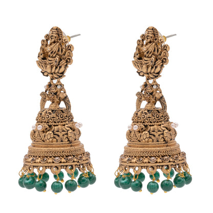 Shining Jewel Traditional Indian Matte Gold Oxidised CZ, Crystal Studded Temple Jhumka Earring For Women - Gold Green (SJE_176_G_G)