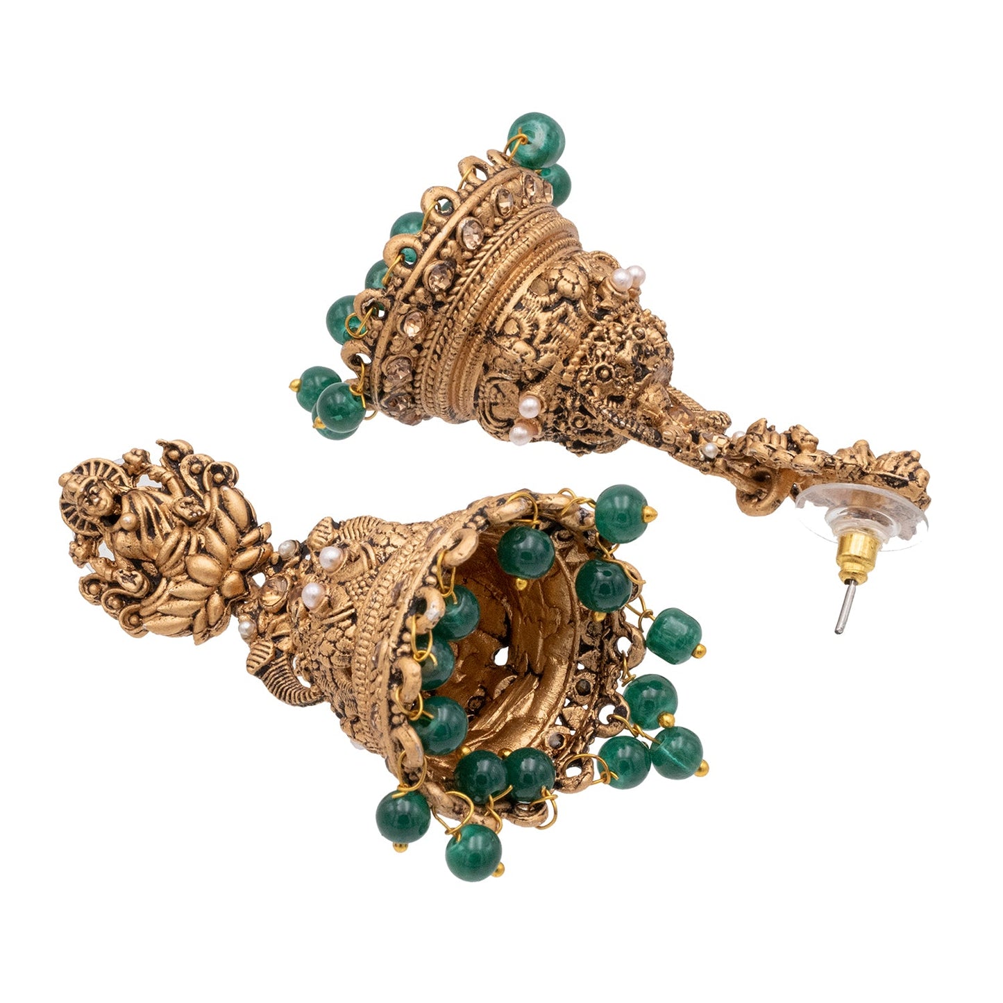 Shining Jewel Traditional Indian Matte Gold Oxidised CZ, Crystal Studded Temple Jhumka Earring For Women - Gold Green (SJE_176_G_G)