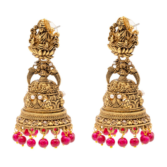 Shining Jewel Traditional Indian Matte Gold Oxidised CZ, Crystal Studded Temple Jhumka Earring For Women - Gold Maroon (SJE_176_G_M)