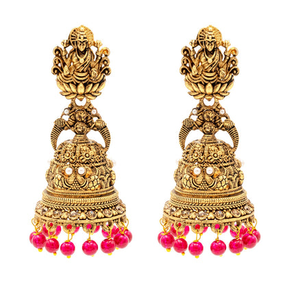 Shining Jewel Traditional Indian Matte Gold Oxidised CZ, Crystal Studded Temple Jhumka Earring For Women - Gold Maroon (SJE_176_G_M)