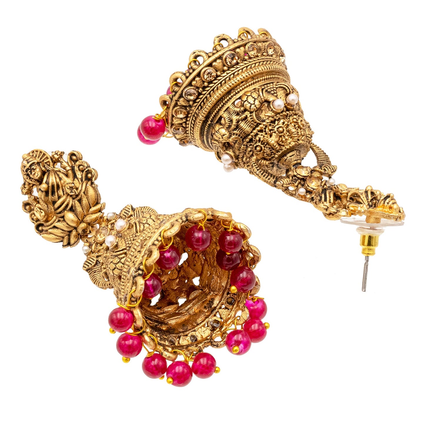 Shining Jewel Traditional Indian Matte Gold Oxidised CZ, Crystal Studded Temple Jhumka Earring For Women - Gold Maroon (SJE_176_G_M)