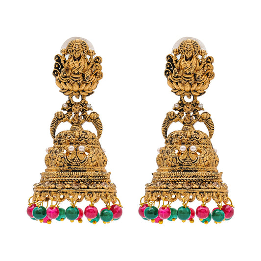 Shining Jewel Traditional Indian Matte Gold Oxidised CZ, Crystal Studded Temple Jhumka Earring For Women - Gold Ruby Green (SJE_176_G_R_G)