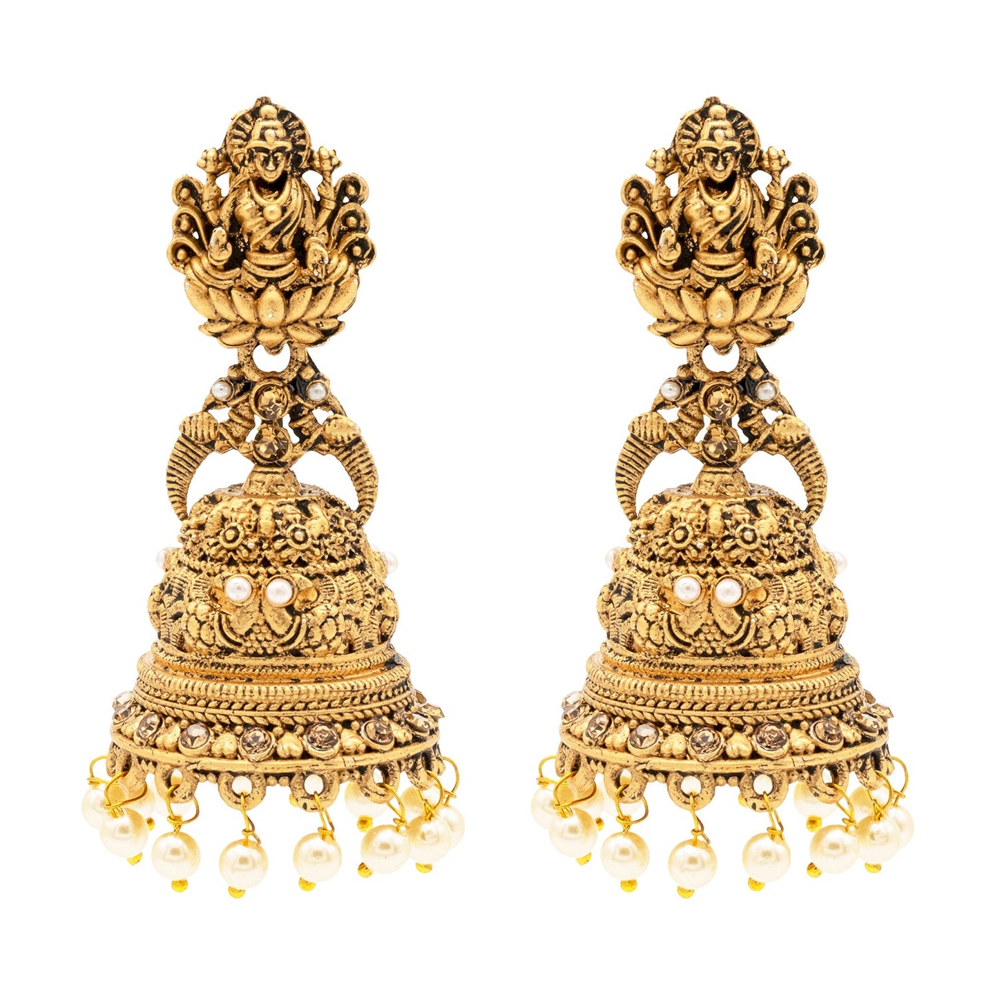 Shining Jewel Traditional Indian Matte Gold Oxidised CZ, Crystal Studded Temple Jhumka Earring For Women - Gold White (SJE_176_G_W)