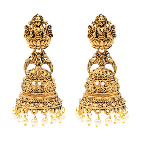 Shining Jewel Traditional Indian Matte Gold Oxidised CZ, Crystal Studded Temple Jhumka Earring For Women - Gold White (SJE_176_G_W)