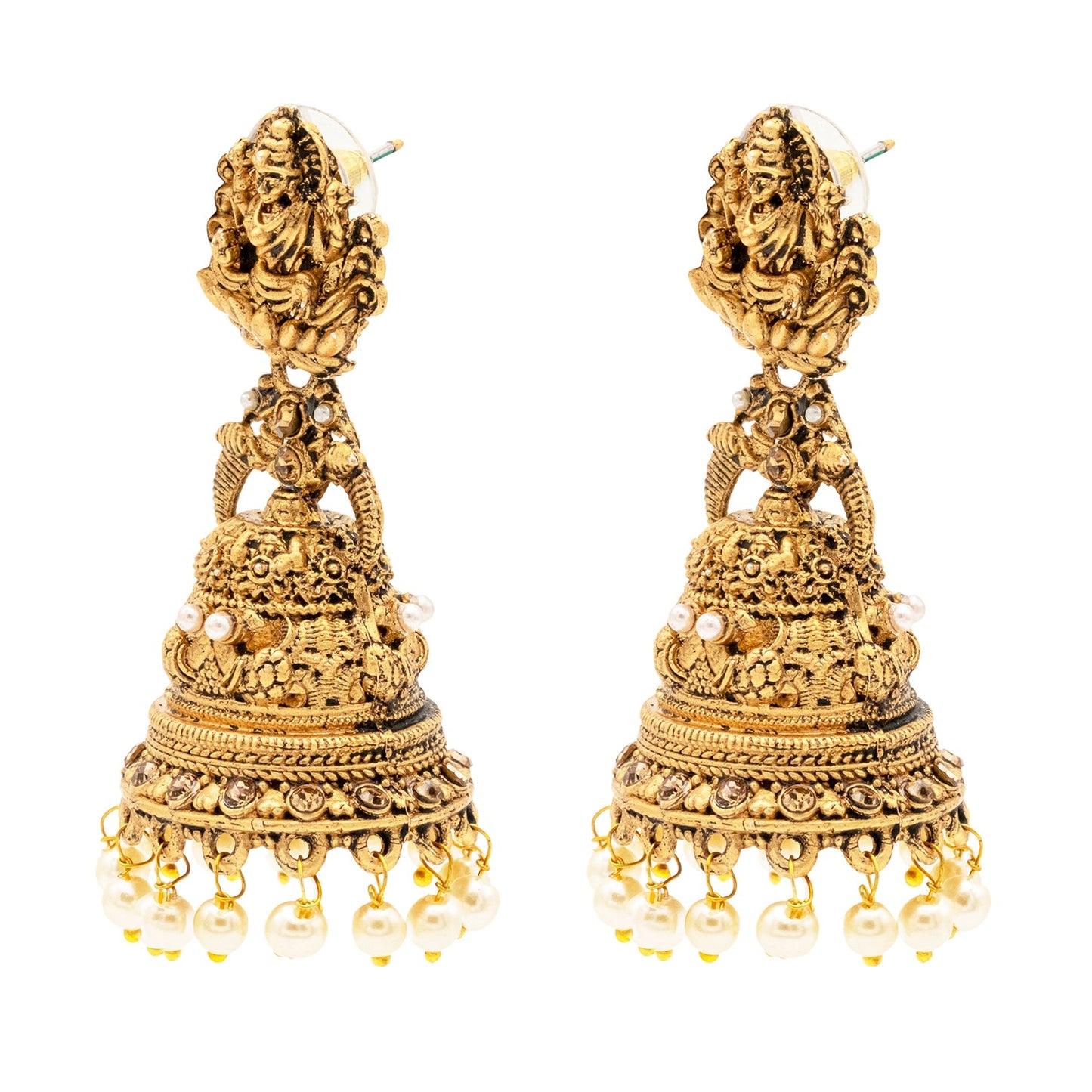 Shining Jewel Traditional Indian Matte Gold Oxidised CZ, Crystal Studded Temple Jhumka Earring For Women - Gold White (SJE_176_G_W)