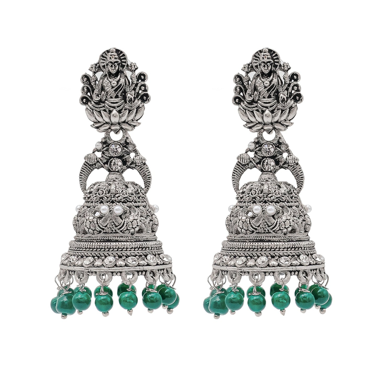 Shining Jewel Traditional Indian Matte Silver Oxidised CZ, Crystal Studded Temple Jhumka Earring For Women - Silver Green (SJE_176_S_G)