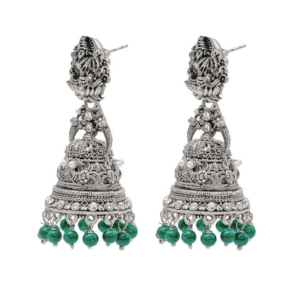 Shining Jewel Traditional Indian Matte Silver Oxidised CZ, Crystal Studded Temple Jhumka Earring For Women - Silver Green (SJE_176_S_G)